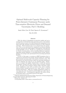 Optimal Multi-Scale Capacity Planning for Power-Intensive Continuous Processes Under Time-Sensitive Electricity Prices and Demand Uncertainty, Part I: Modeling