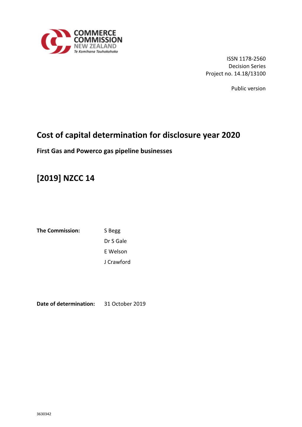 Cost of Capital Determination for Disclosure Year 2020 [2019] NZCC 14