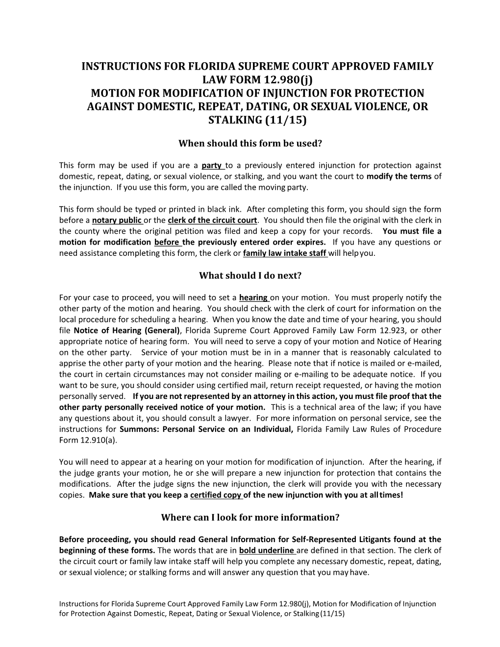 Motion for Modification of Injunction for Protection Against Domestic, Repeat, Dating, Or Sexual Violence, Or Stalking (11/15)