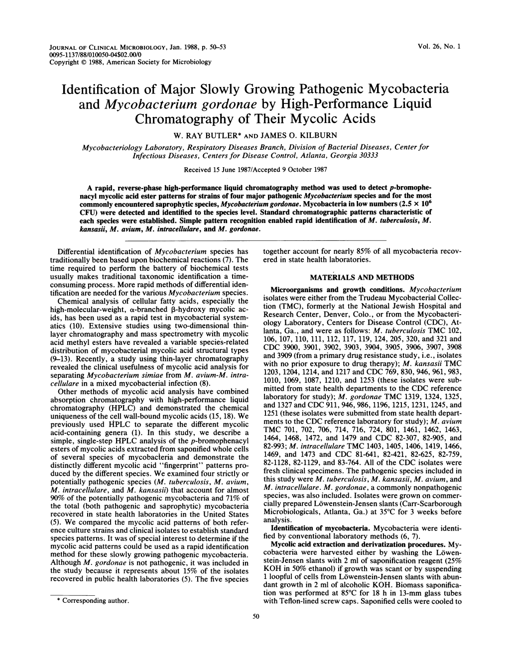 And Mycobacterium Gordonae by High-Performance Liquid Chromatography of Their Mycolic Acids W