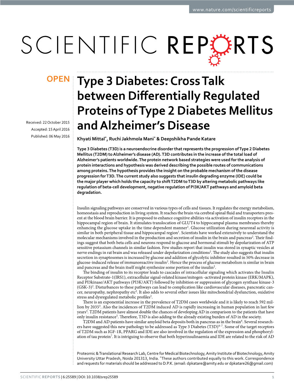 Cross Talk Between Differentially Regulated Proteins of Type 2 Diabetes Mellitus and Alzheimer's Disease