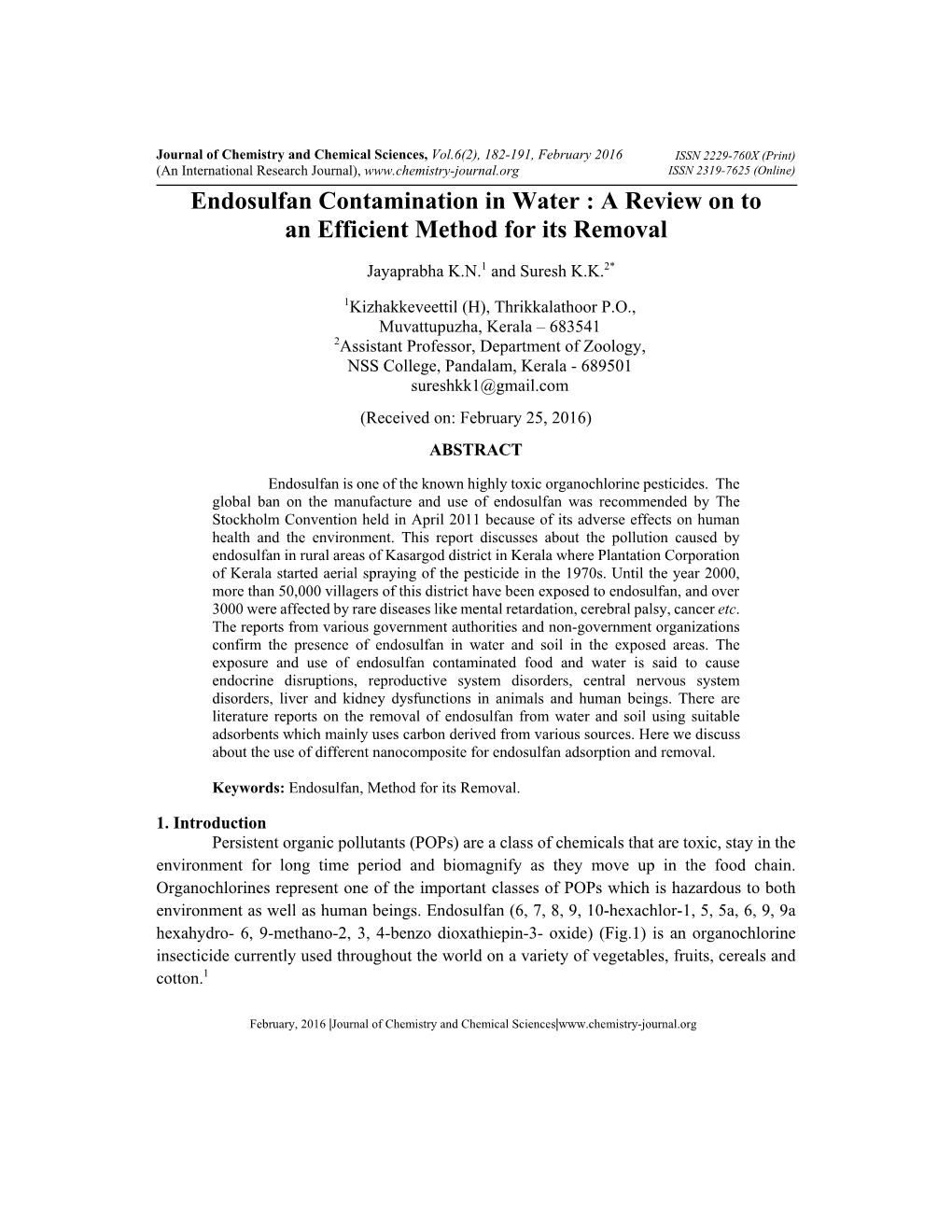 Endosulfan Contamination in Water : a Review on to an Efficient Method for Its Removal