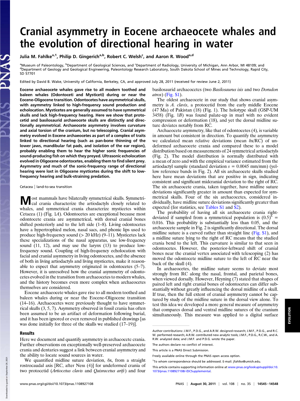 Cranial Asymmetry in Eocene Archaeocete Whales and the Evolution of Directional Hearing in Water