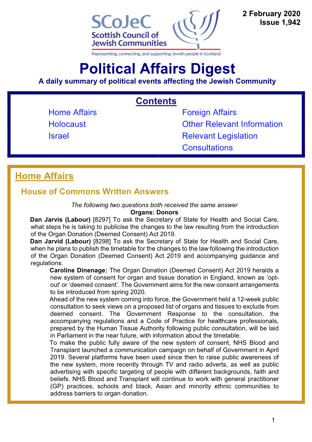 Political Affairs Digest a Daily Summary of Political Events Affecting the Jewish Community