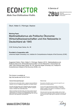 Marktradikalismus Als Politische Ökonomie: Wirtschaftswissenschaften Und Ihre Netzwerke in Deutschland Ab 1945
