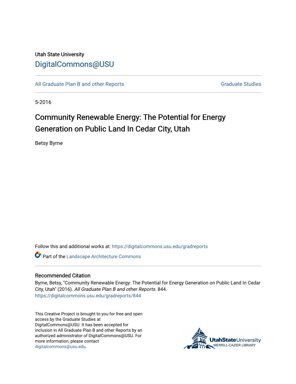 The Potential for Energy Generation on Public Land in Cedar City, Utah