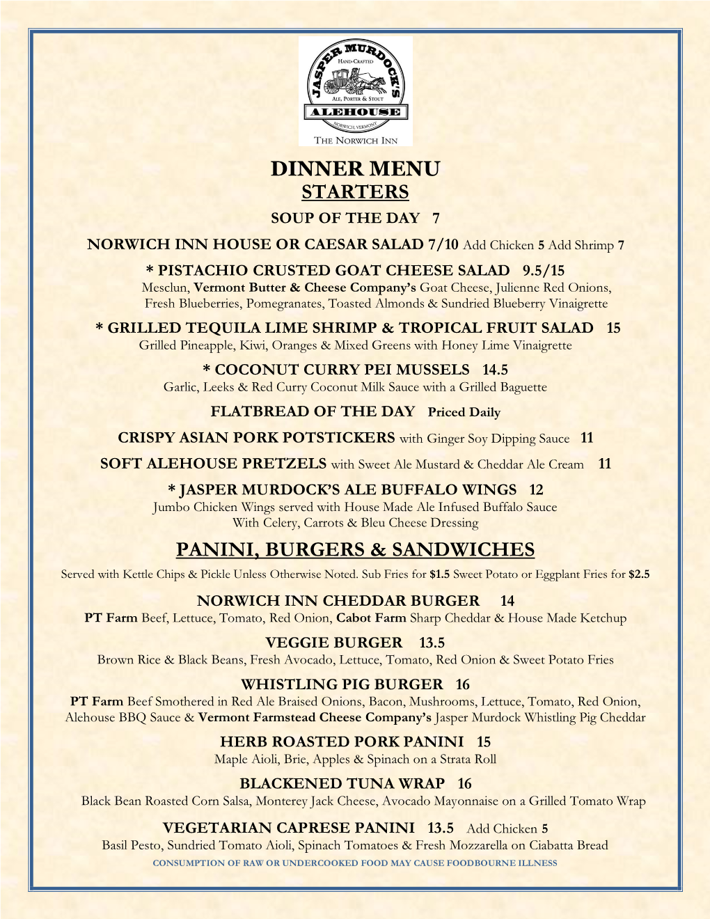 Dinner Menu Starters Panini, Burgers & Sandwiches