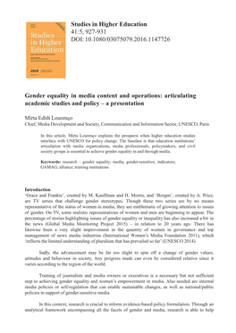 Gender Equality in Media Content and Operations Articulating Academic