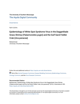 Epidemiology of White Spot Syndrome Virus in the Daggerblade Grass Shrimp (Palaemonetes Pugio) and the Gulf Sand Fiddler Crab (Uca Panacea)