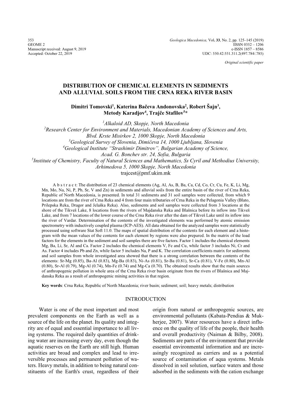 Distribution of Chemical Elements in Sediments and Alluvial Soils from the Crna Reka River Basin