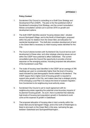 APPENDIX 1 Policy Context 1. Sunderland City Council Is