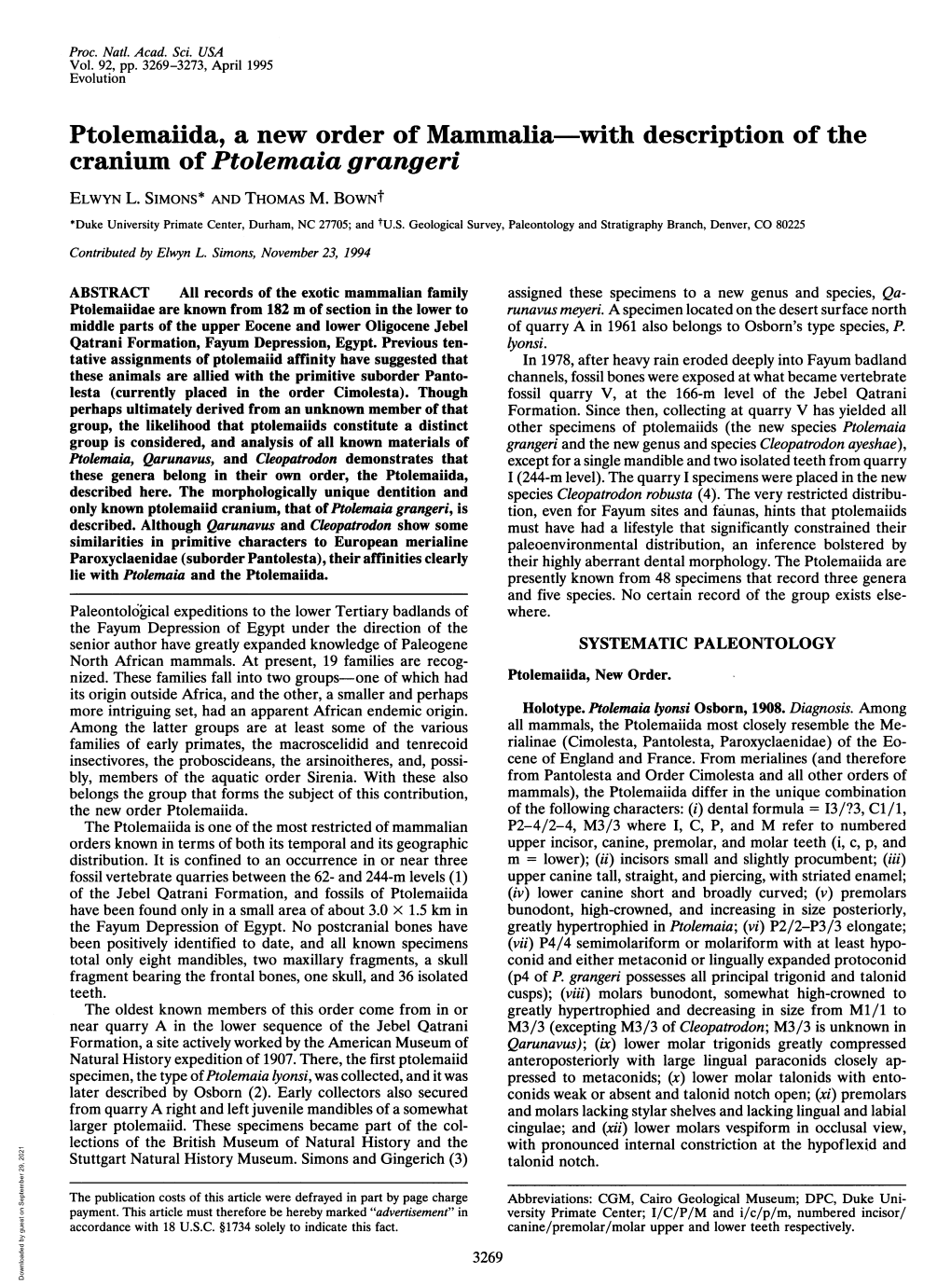 Ptolemaiida, a New Order of Mammalia-With Description of the Cranium of Ptolemaia Grangeri