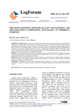 The Nexus Between Supplier Quality Management and Organization’S Competitive Advantage: an Empirical Evidence