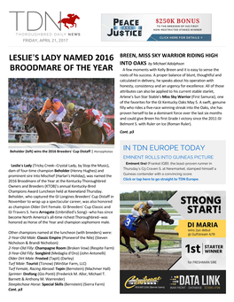 Leslie=S Lady Named 2016 Broodmare of the Year