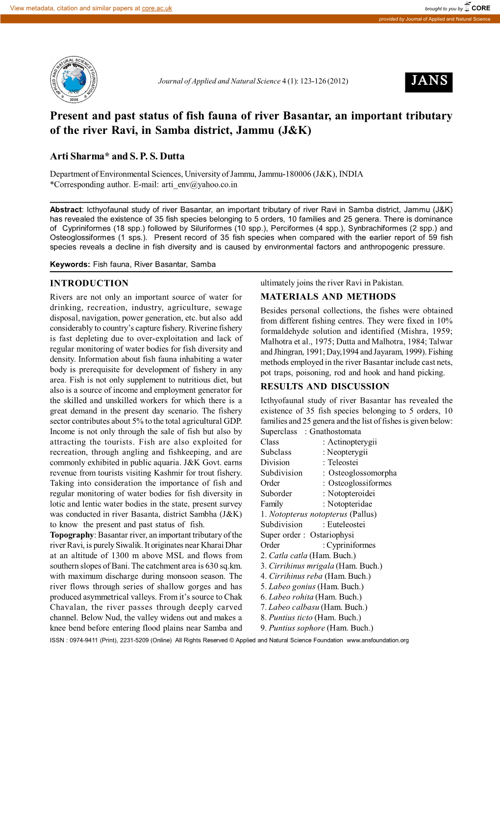 Present and Past Status of Fish Fauna of River Basantar, an Important Tributary of the River Ravi, in Samba District, Jammu (J&K)