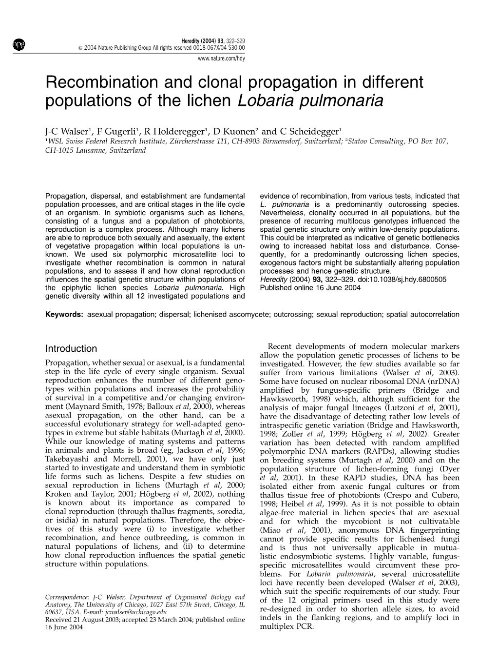 Recombination and Clonal Propagation in Different Populations of the Lichen Lobaria Pulmonaria