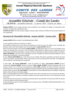 Comité Des Landes CR 2019 01 – Assemblée Générale – 27 Janvier 2019 – Cazères Sur Adour
