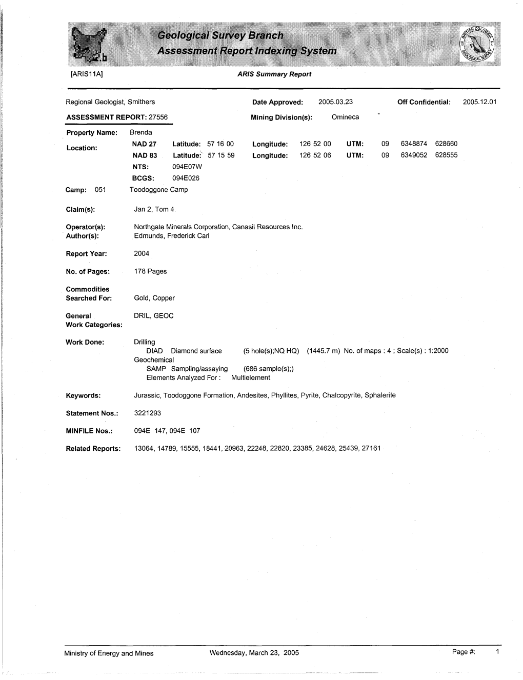 T3eological Survey Branch Assessment Report Indexing System