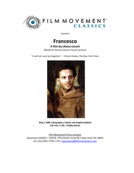 Francesco a Film by Liliana Cavani Based on Herman Hesse's Francis of Assisi