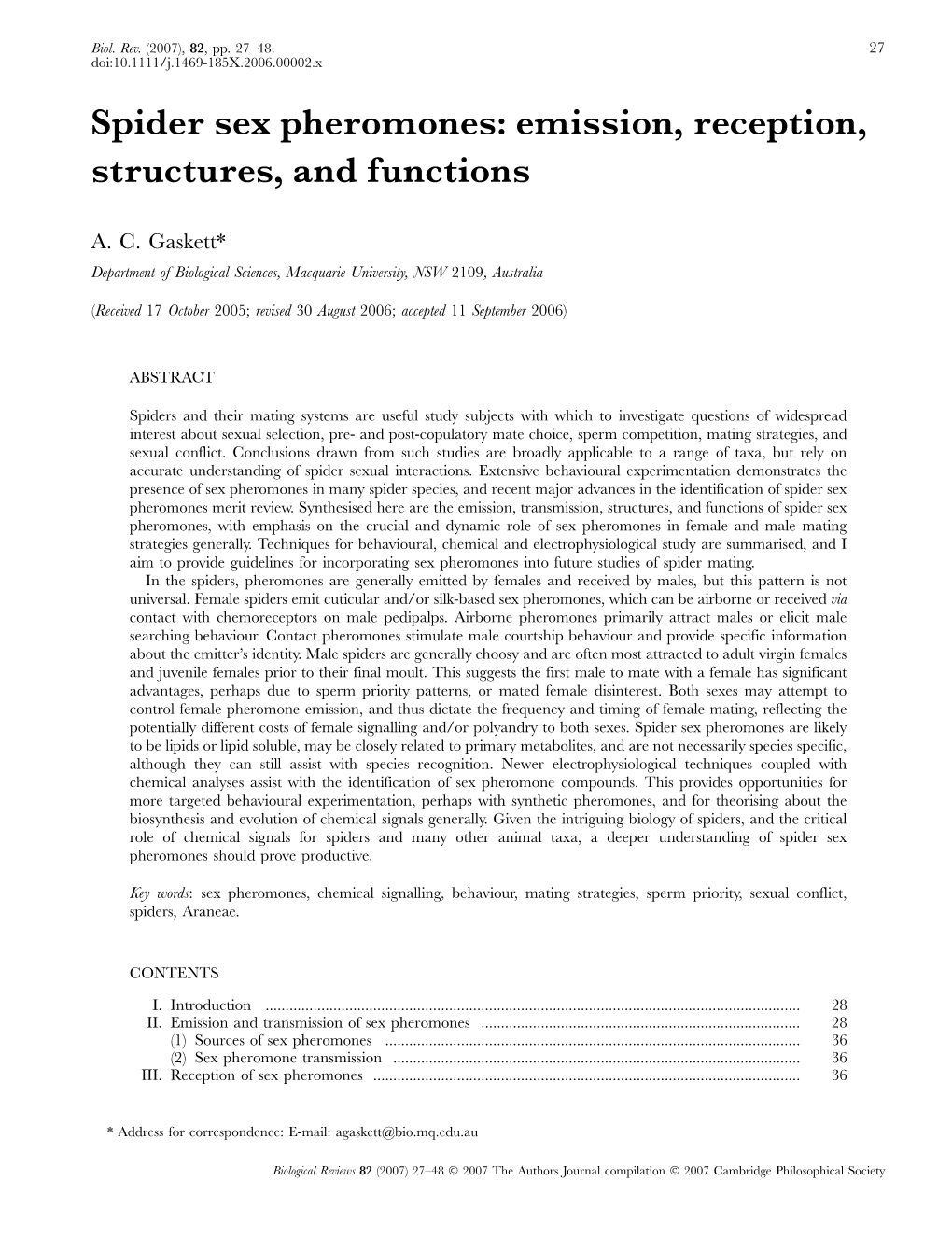 Spider Sex Pheromones: Emission, Reception, Structures, and Functions