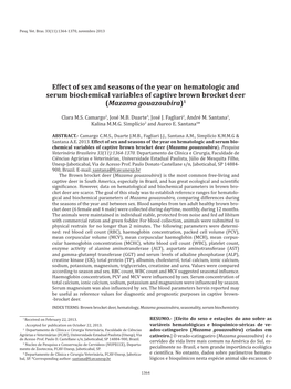 Effect of Sex and Seasons of the Year on Hematologic and Serum Biochemical Variables of Captive Brown Brocket Deer (Mazama Gouazoubira)1