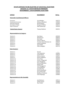State Offices to Be Elected at 2018 Fall Election August 14, 2018 Partisan Primary November 6, 2018 General Election