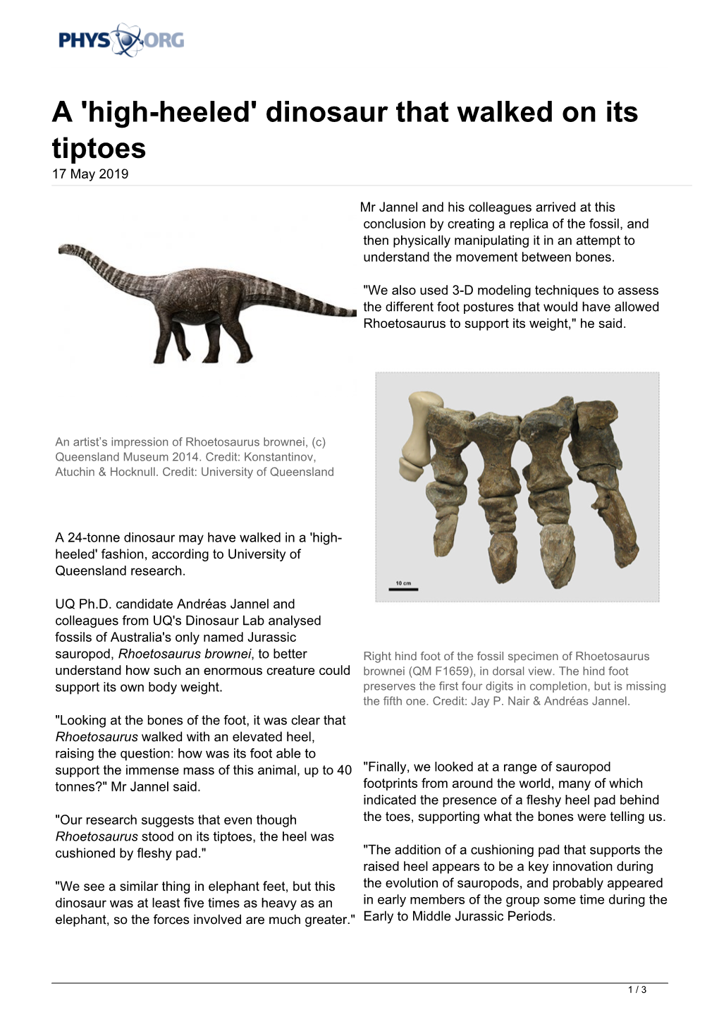 A 'High-Heeled' Dinosaur That Walked on Its Tiptoes 17 May 2019