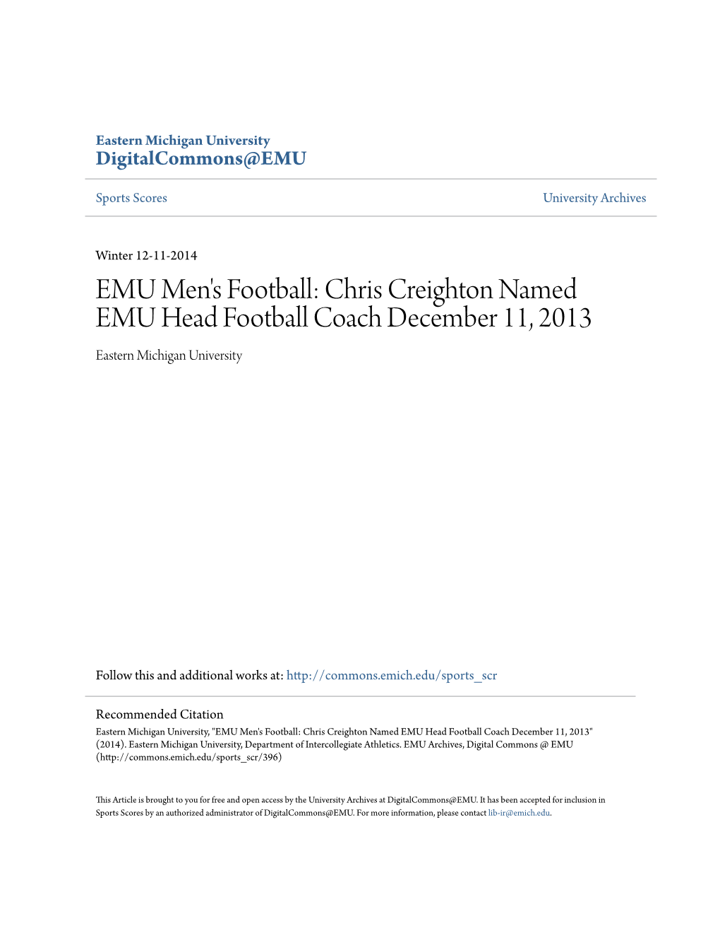 Chris Creighton Named EMU Head Football Coach December 11, 2013 Eastern Michigan University