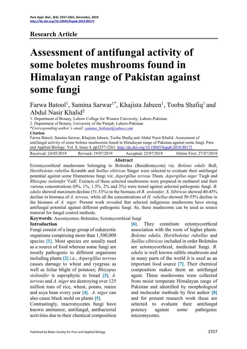 Assessment of Antifungal Activity of Some Boletes Mushrooms Found in Himalayan Range of Pakistan Against Some Fungi