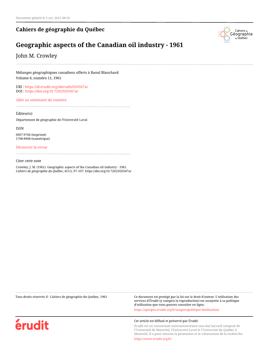 Geographic Aspects of the Canadian Oil Industry - 1961 John M