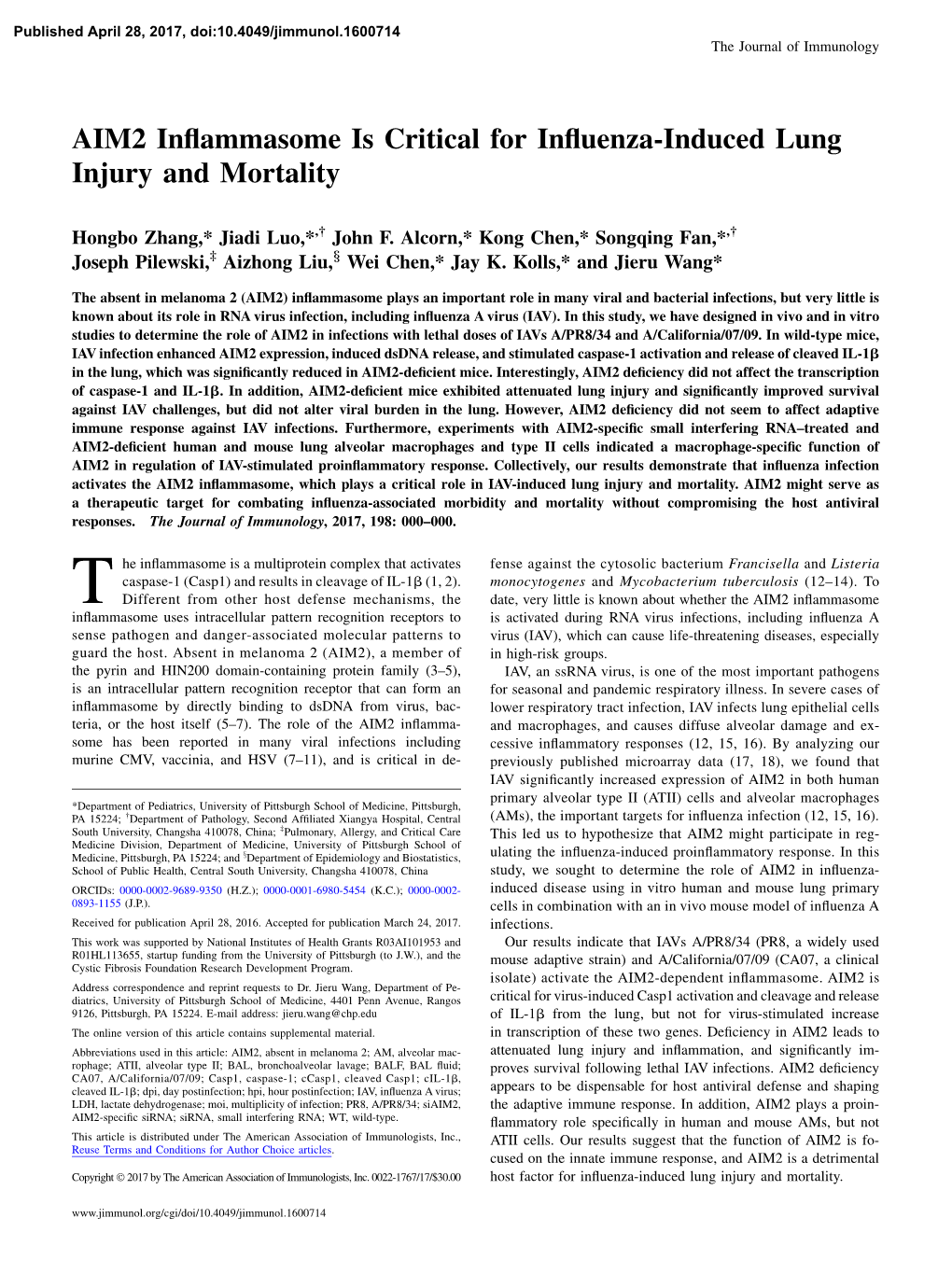 AIM2 Inflammasome Is Critical for Influenza-Induced Lung Injury And