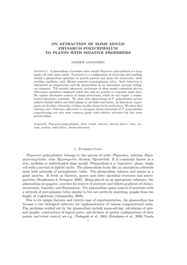 ON ATTRACTION of SLIME MOULD PHYSARUM POLYCEPHALUM to PLANTS with SEDATIVE PROPERTIES 1. Introduction Physarum Polycephalum Belo