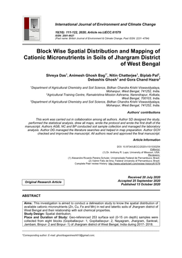 Block Wise Spatial Distribution and Mapping of Cationic Micronutrients in Soils of Jhargram District of West Bengal