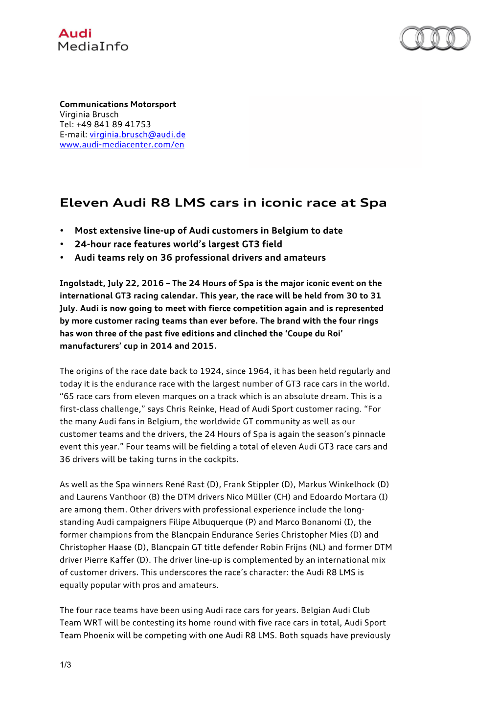 Eleven Audi R8 LMS Cars in Iconic Race at Spa