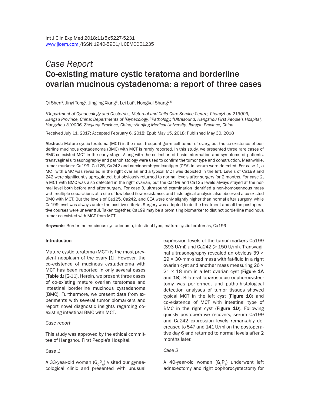 Case Report Co-Existing Mature Cystic Teratoma and Borderline Ovarian Mucinous Cystadenoma: a Report of Three Cases