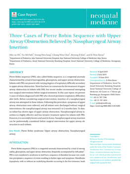 Three Cases of Pierre Robin Sequence with Upper Airway Obstruction Relieved by Nasopharyngeal Airway Insertion