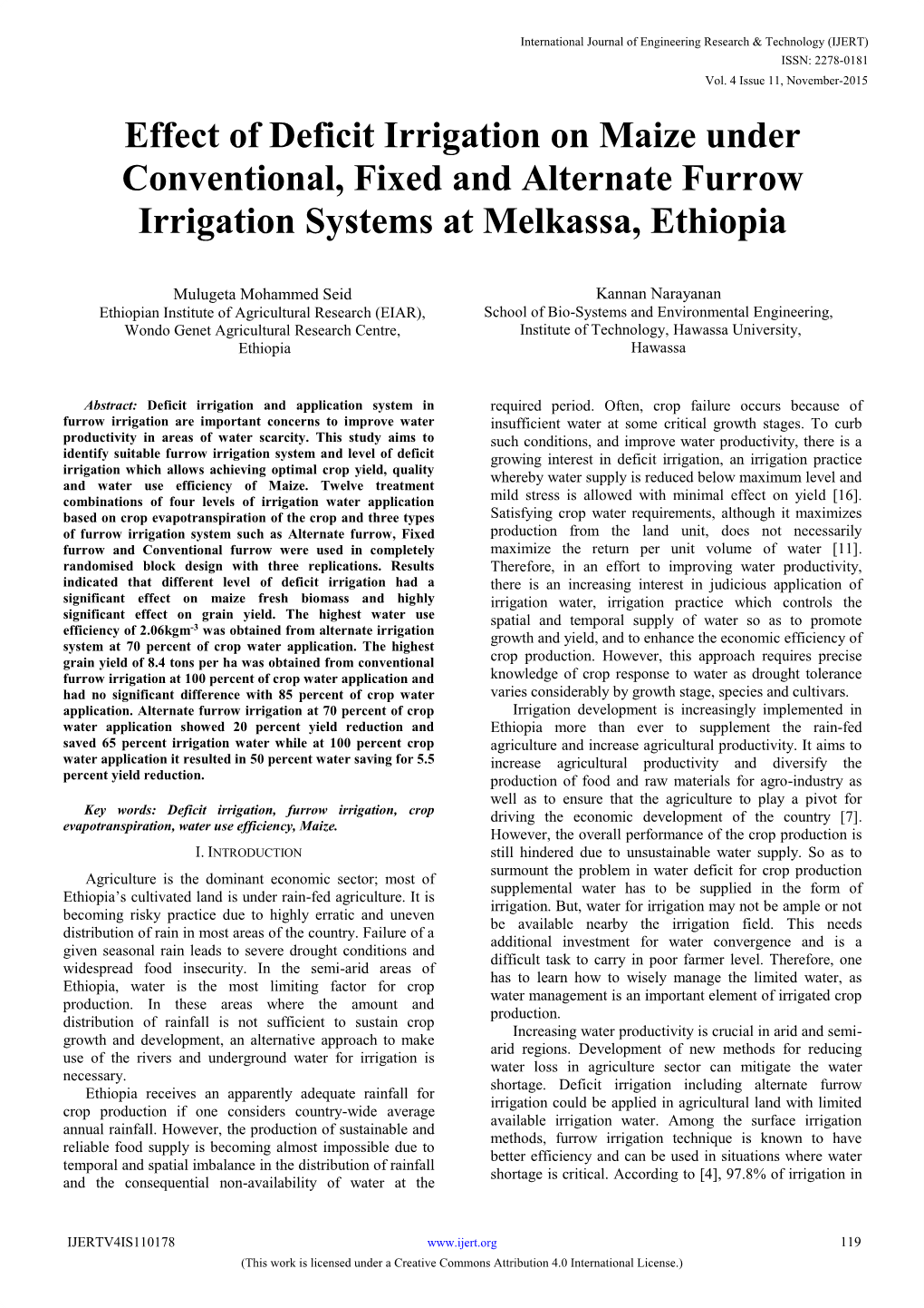 Effect of Deficit Irrigation on Maize Under Conventional, Fixed and Alternate Furrow Irrigation Systems at Melkassa, Ethiopia