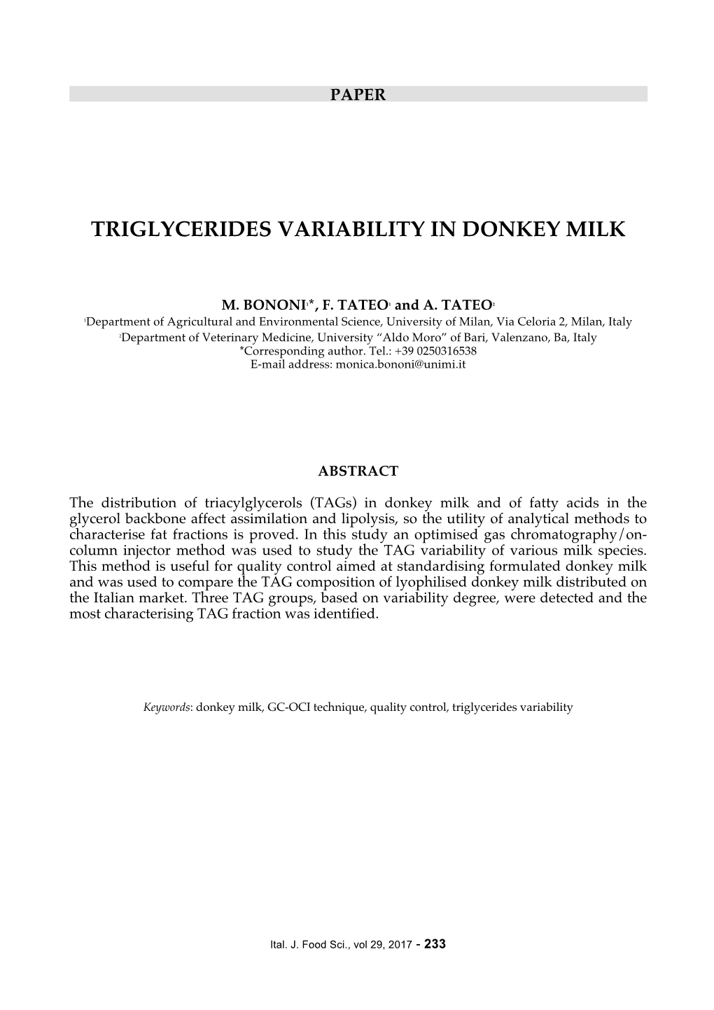 Triglycerides Variability in Donkey Milk