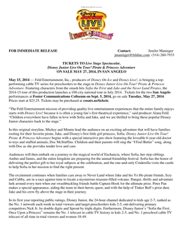 FOR IMMEDIATE RELEASE TICKETS to Disney Junior on SALE MAY