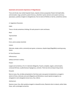 Systematic and Economic Importance of Magnoliaceae: Trees and Shrubs