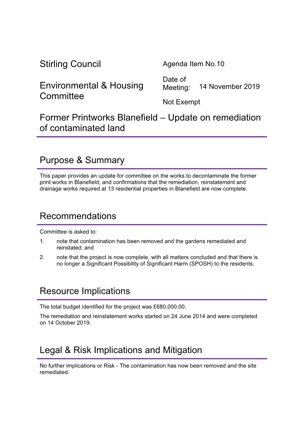 Former Printworks Blanefield – Update on Remediation of Contaminated Land