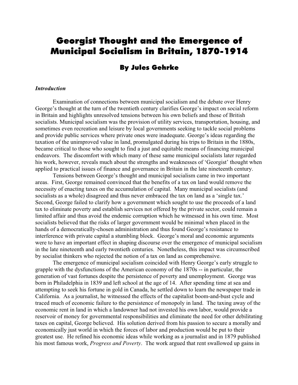 Georgist Thought and the Emergence of Municipal Socialism in Britain, 1870-1914