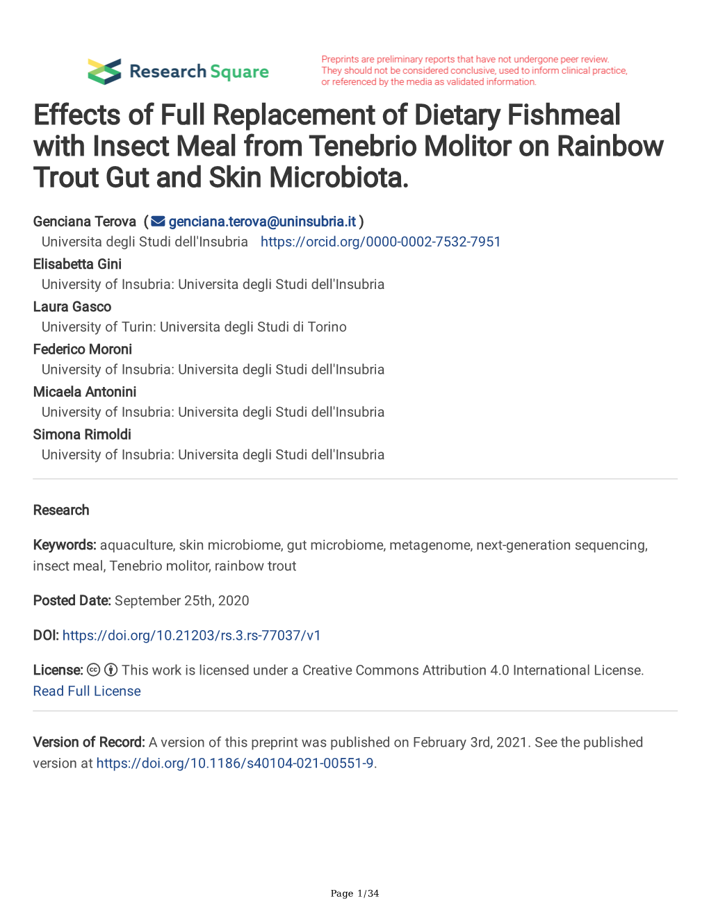 Effects of Full Replacement of Dietary Fishmeal with Insect Meal from Tenebrio Molitor on Rainbow Trout Gut and Skin Microbiota