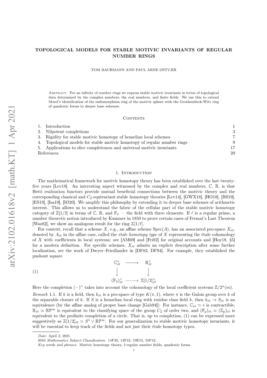 Topological Models for Stable Motivic Invariants of Regular Number Rings 11