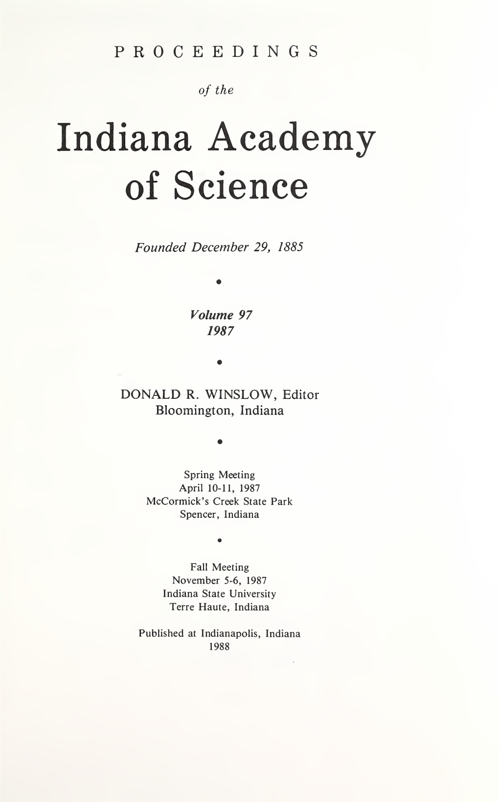 Proceedings of the Indiana Academy of Science Table of Contents Vii