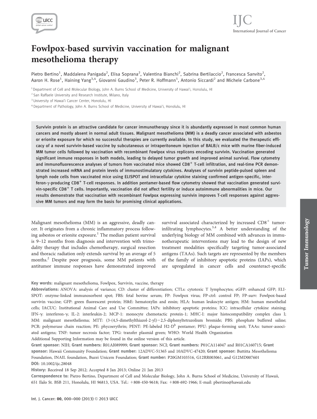 Fowlpox-Based Survivin Vaccination for Malignant Mesothelioma Therapy