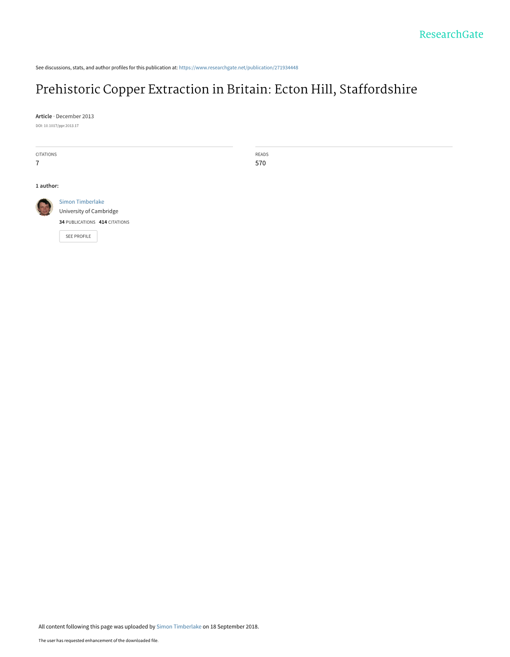 Prehistoric Copper Extraction in Britain: Ecton Hill, Staffordshire