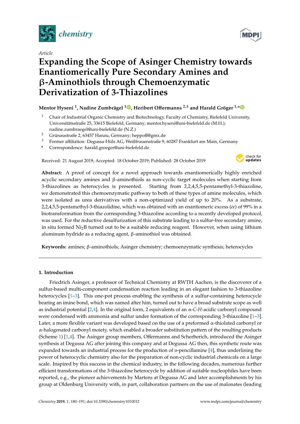 Expanding the Scope of Asinger Chemistry Towards Enantiomerically Pure Secondary Amines and Β-Aminothiols Through Chemoenzymatic Derivatization of 3-Thiazolines