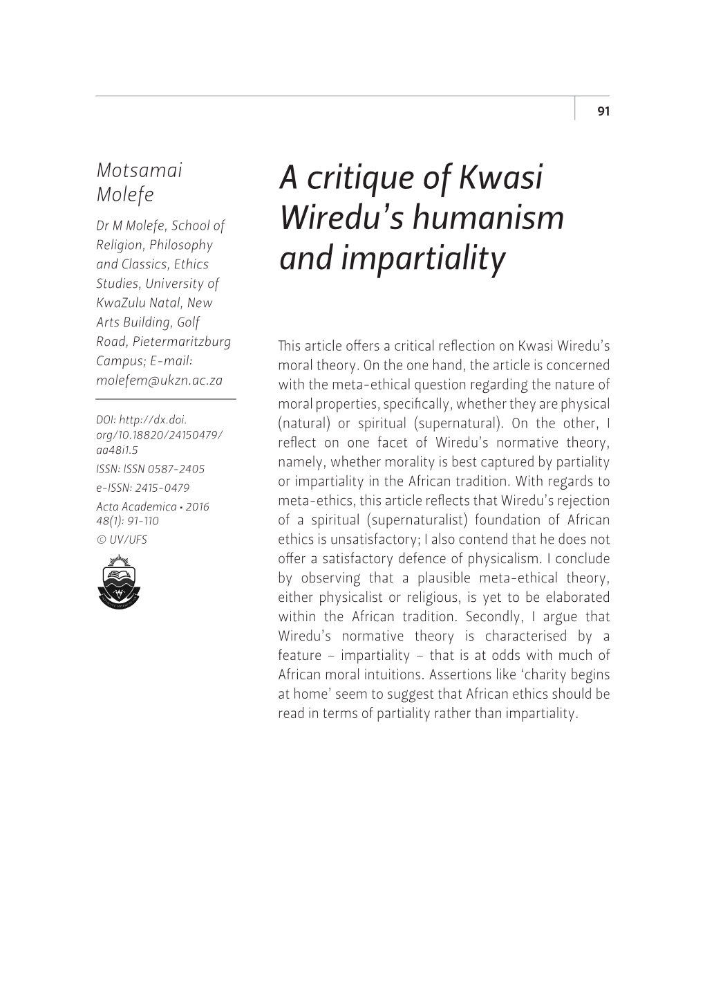 A Critique of Kwasi Wiredu's Humanism and Impartiality