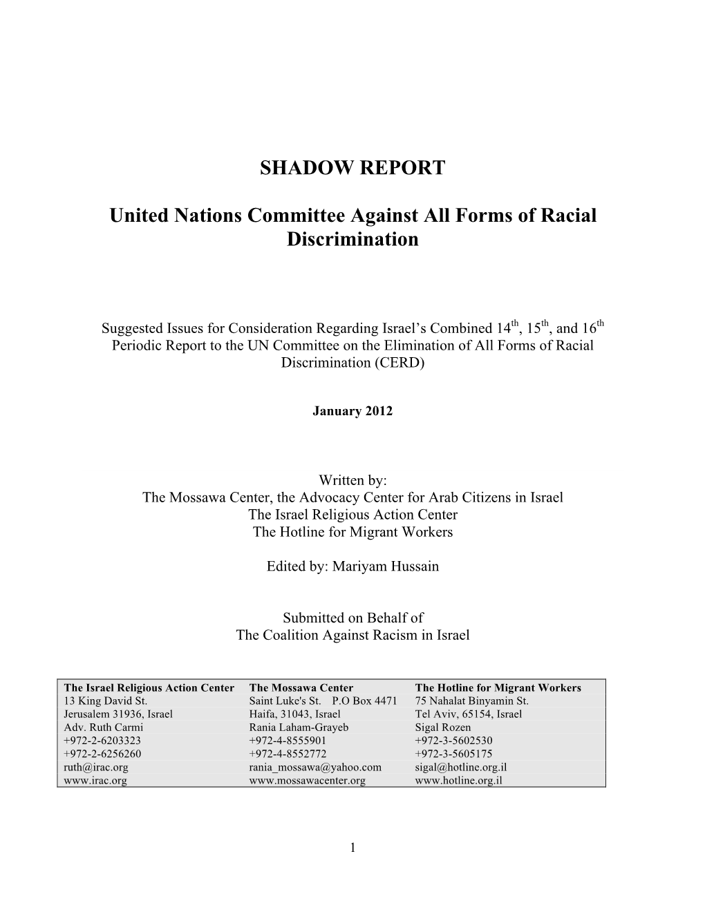 CERD Shadow Report from Coalition